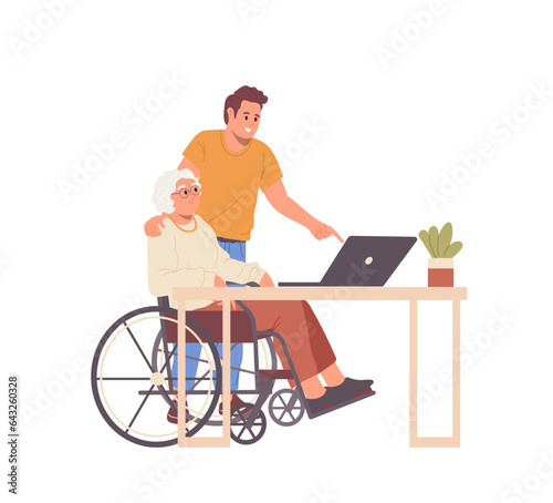 Young man teaching elderly mother in wheelchair to use or work on laptop computer isolated on white