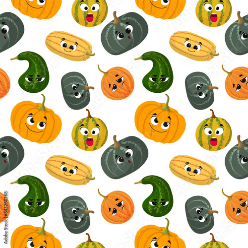Pumpkin seamless pattern. Pumpkins with faces harvest fall ornamental textile background, cartoon squash symbols eyes halloween backdrop design