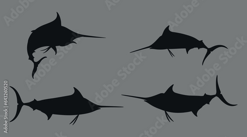 Atlantic blue marlin. Black silhouettes. Vector on a gray background