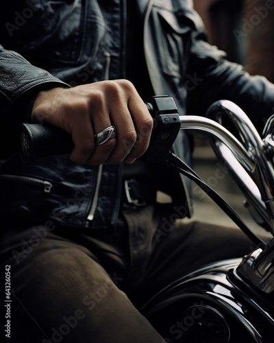 Hand of man biker on handlebars of motorcycle