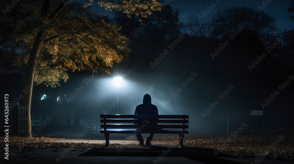 A person sitting on a deserted park bench, lost in thought. Concept of loneliness and depression