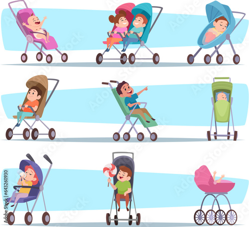 Kids in strollers. Happy kids walking in comfortable strollers exact vector pictures set