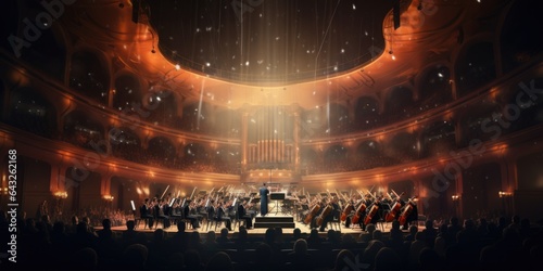Wide-Angle Shot of Symphony Orchestra in Concert Hall, generative ai
