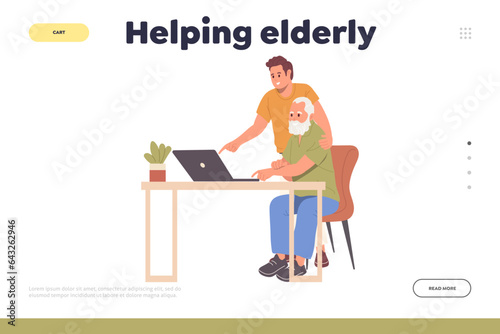 Lading page design website template offering helping elderly to deal with new laptop technology