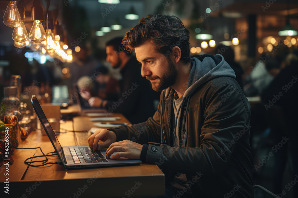 Small business owners use a laptop in a restaurant. Generative AI.