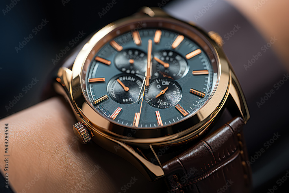 A detailed close-up of a businessman's wristwatch, representing punctuality and professionalism. Generative AI. A detailed close-up of a businessman's wristwatch, representing punctuality and professionalism. Generative AI.