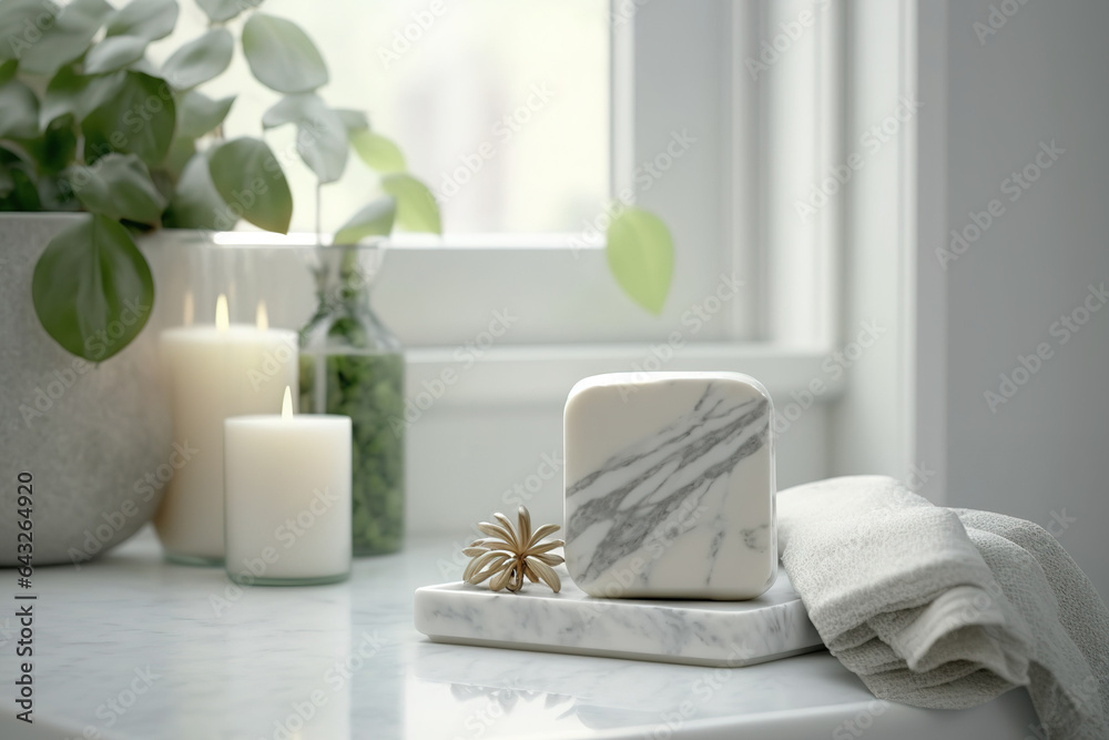 An elegant stone marble tables with a towel and a soap dispenser in a modern bathroom. decorated with candles, potted plants, and flowers, with a background of a window's hazy curtain. Generative AI