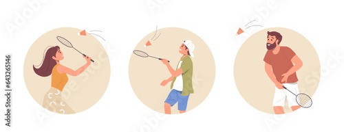Isolated round composition with happy people cartoon character with racket playing badminton