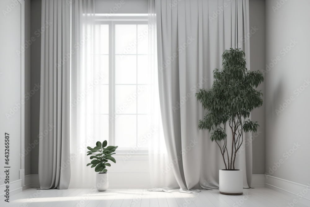 Interior of a contemporary empty room with curtains, plants, and heating batteries. Generative AI