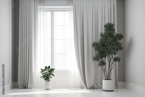 Interior of a contemporary empty room with curtains, plants, and heating batteries. Generative AI