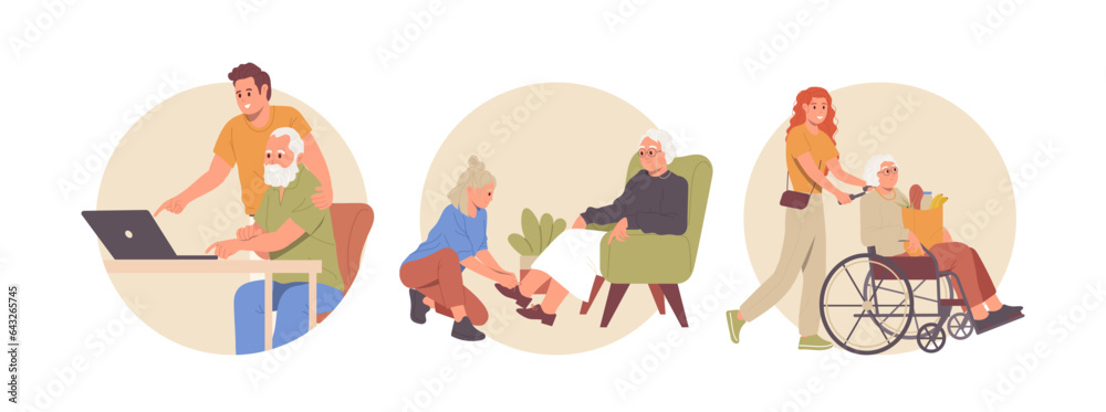 Isolated set of round composition icon with young people helping and taking care of pensioner