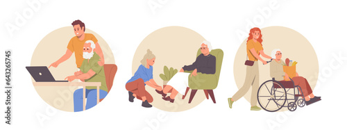 Isolated set of round composition icon with young people helping and taking care of pensioner