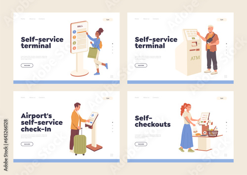 Landing page set advertising self-service terminal, digital menu kiosk, electronic booking machine