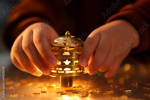 A close-up of a child's hands spinning a dreidel, capturing the joy of the Hanukkah game, hanukkah photo