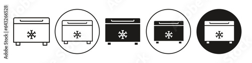 Freezer icon. Household refrigerator fridge symbol. Vector set of cold cooler to store food. Flat outline of ice maker box with freeze technology home appliance. temperature controller electric device