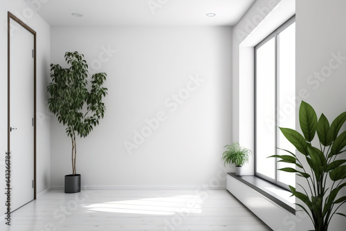 Interior design of a contemporary, cheerful, empty room with plants. Generative AI