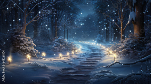 An enchanting winter forest with a trail of footprints leading to a glowing 