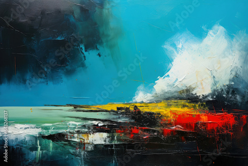 Abstract impressionistic painting of a sea and coast using red, blue, yellow, and green, with the texture of palette knife strokes, highlighted with dark cyan and white.