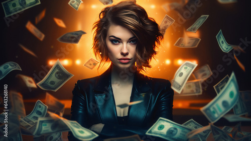 A striking young woman with cropped locks gazes directly into the lens, exuding a blend of confidence and rebellion. Surrounded by floating currency notes, she becomes the epitome of modern audacity m photo