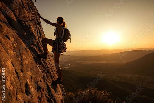 Silhouette of rock climber conquers inclined cliff with aid of rope, set against scenic mountain backdrop at sunset. Immerse yourself in world of outdoor adventure