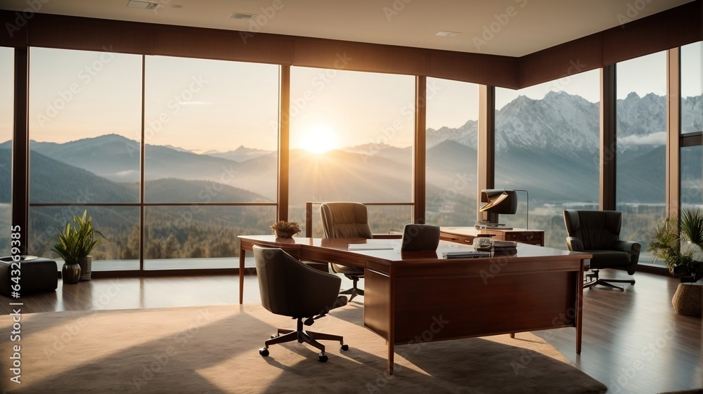 Fototapeta premium Serene Office Space with Sweeping Mountain Views and Sunrise