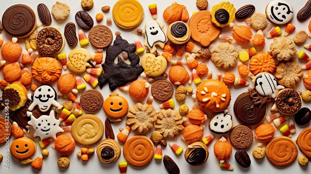 many different types of halloween cookies on a white background with copy space in the top right corner is an assortment of candys and