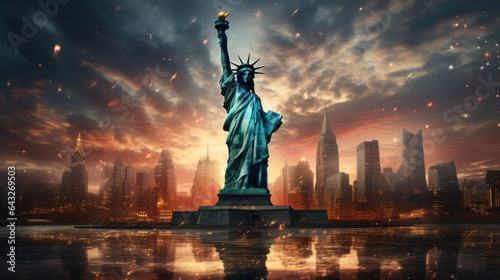 ILLUSTRATION OF THE STATUE OF LIBERTY IN NEW YORK, USA WITH A DRAMATIC BACKGROUND