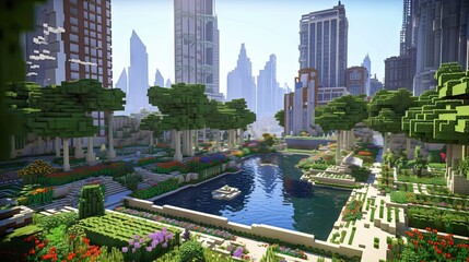 Rollo Minecraft Grüne Stadt mit blühenden Wolkenkratzern  © Golib Tolibov