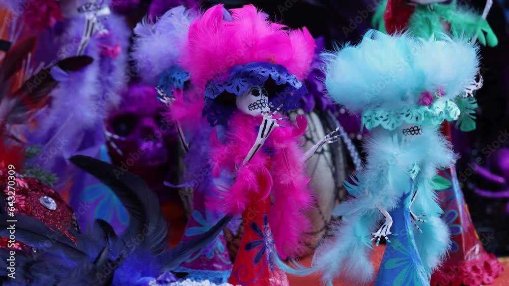 Traditional Calavera dolls, a symbol used at dia de los muertos celebrations
