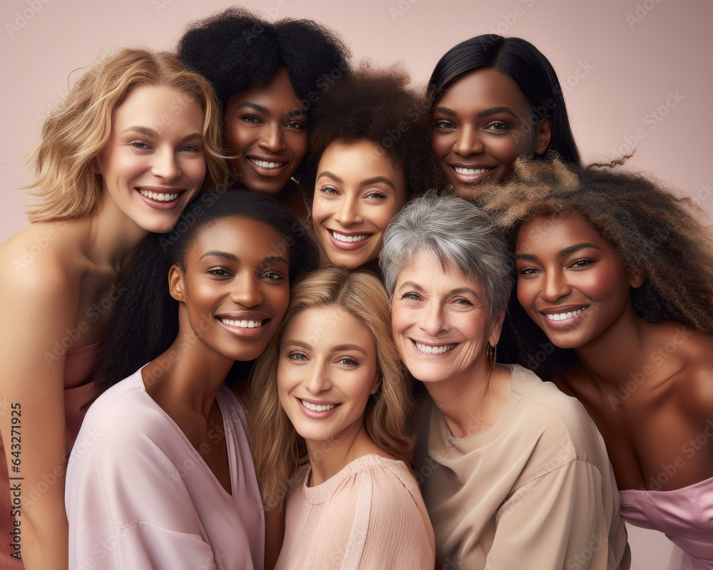 Beauty and unity, this diverse group of beautiful women of all skin tones and races together posing in the skin care ad campaign. A multiracial diverse group of women, inclusivity body positivity. Beauty and unity, this diverse group of beautiful women of all skin tones and races together posing in the skin care ad campaign. A multiracial diverse group of women, inclusivity body positivity.