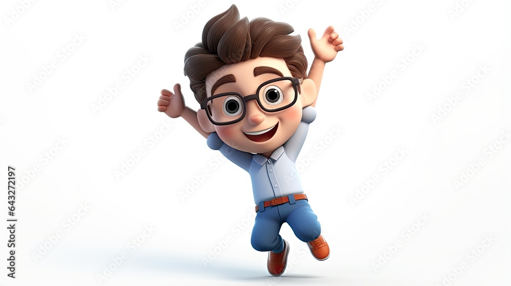 Happy little boy girl child jump cute cartoon 3d illustration character isolated on white background