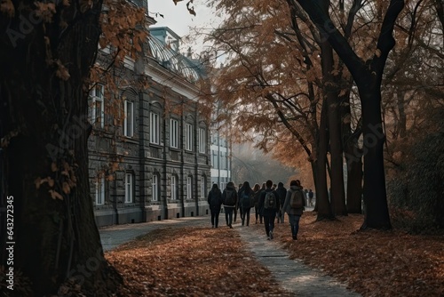 people walking down the street in front of an old building with autumn leaves on the ground and trees around them