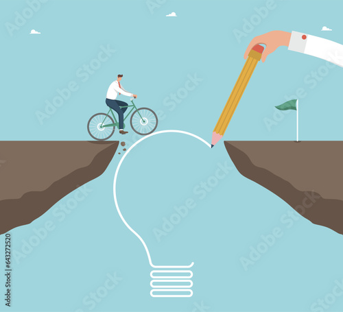 Help or mentorship in paving way to achieve goal, brilliant ideas to get out of difficult situations, strategic planning for great success, hand draws light bulb path through cliff for man on bicycle