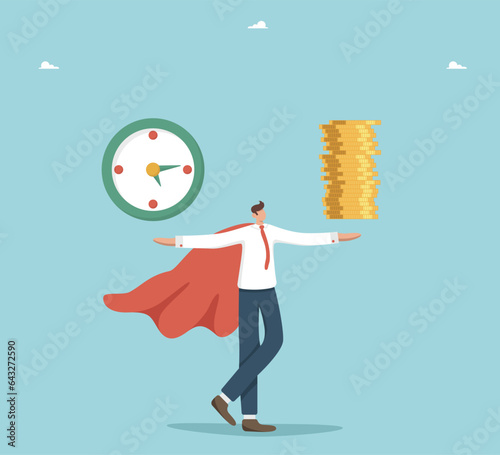 Time is money, long-term return on investment, pension fund concept, interest income from investments or deposits, time to receive money, hourly wages, man holds clock and stack of coins on his hands.