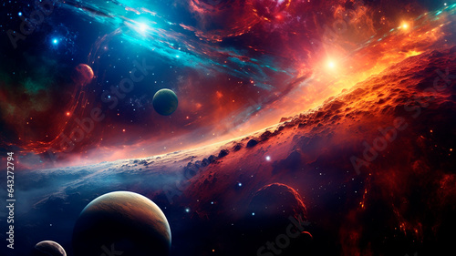 Interstellar wallpaper of an ultrarealistic galaxy full of planets, stars and supernovas, deep colors, neon, fluorescent, panoramic