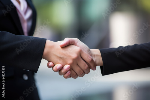 Close-up image of two people shaking hands. This picture can be used to represent successful business deal or partnership.