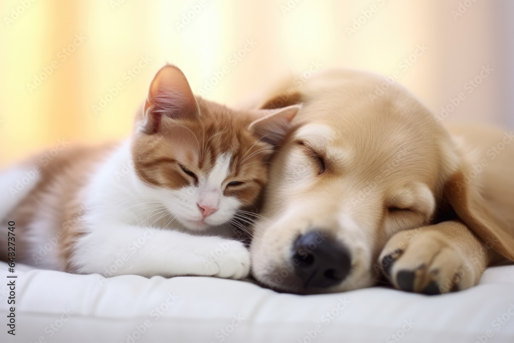 Heartwarming image of cat and dog peacefully sleeping together on cozy bed. Perfect for illustrating bond and friendship between different species. Ideal for pet-related articles, blog posts.