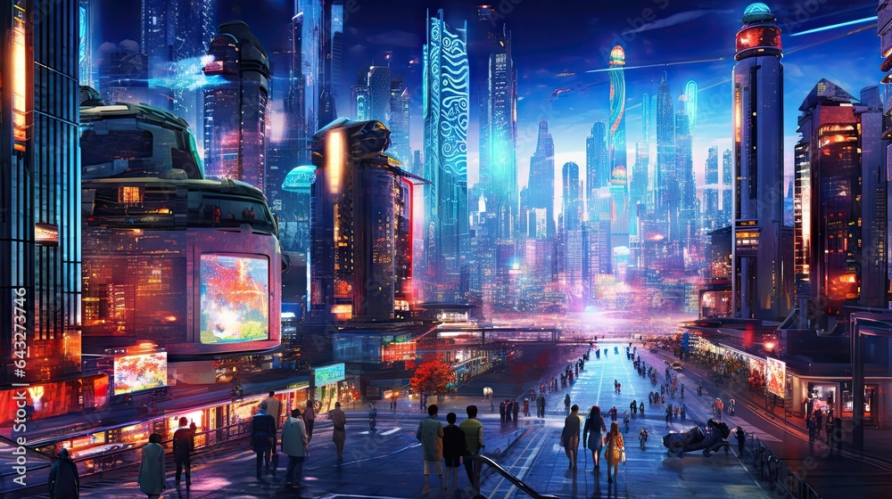 people walking in the middle of a city at night, with futuristic skyscrapers and neon lights on the buildings