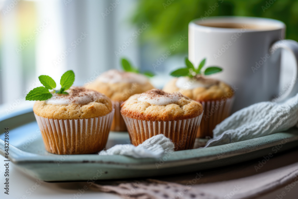 Delicious plate of muffins accompanied by steaming cup of coffee. Perfect for breakfast or coffee break. Delicious plate of muffins accompanied by steaming cup of coffee. Perfect for breakfast or coffee break.