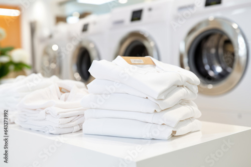 Stack of neatly folded towels sitting on top of counter. Perfect for use in hotel, spa, or bathroom setting. © vefimov