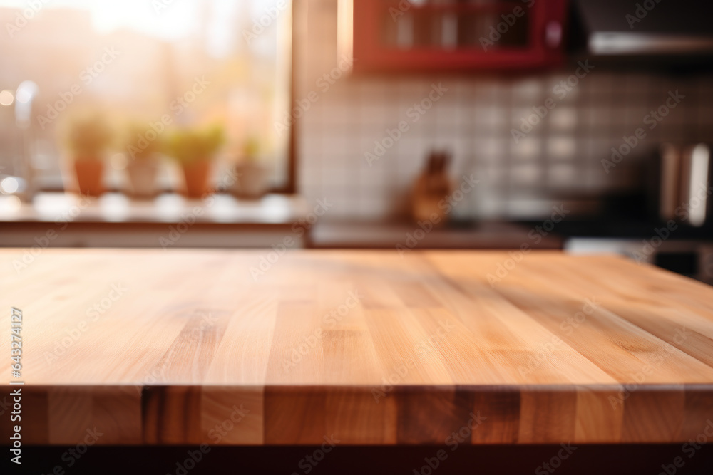 Kitchen space with kitchen utensils in blur and wooden table in foreground. Essence of warm and functional kitchen, making it choice for kitchen and culinary designs, interior decor concepts. Kitchen space with kitchen utensils in blur and wooden table in foreground. Essence of warm and functional kitchen, making it choice for kitchen and culinary designs, interior decor concepts.