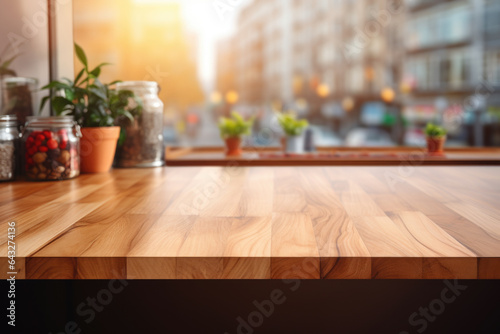 Kitchen space with kitchen utensils in blur and wooden table in foreground. Essence of warm and functional kitchen  making it choice for kitchen and culinary designs  interior decor concepts.
