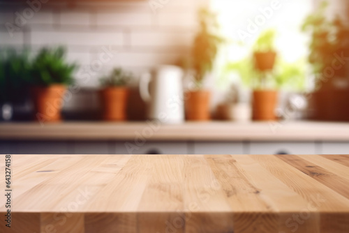 Kitchen space with kitchen utensils in blur and wooden table in foreground. Essence of warm and functional kitchen, making it choice for kitchen and culinary designs, interior decor concepts.