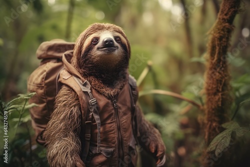 sloth wearing travel clothes on vacation 