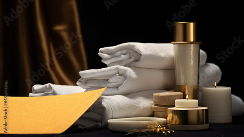towels and beauty product, candles, beauty salon on black friday, gold and black, private event, massage, make-up, spa, gift bag for a beauty salon, fancy, creams, sale