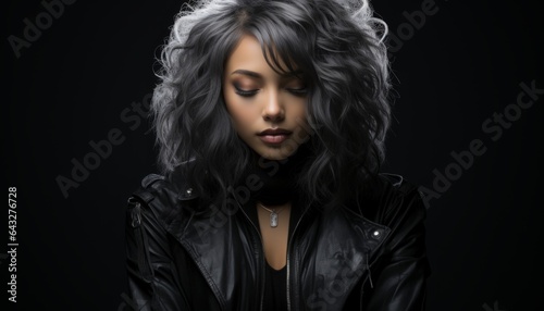 Beautiful brunette girl with dyed black and white hair and sexy makeup  woman posing for a fashion magazine. Made in AI.