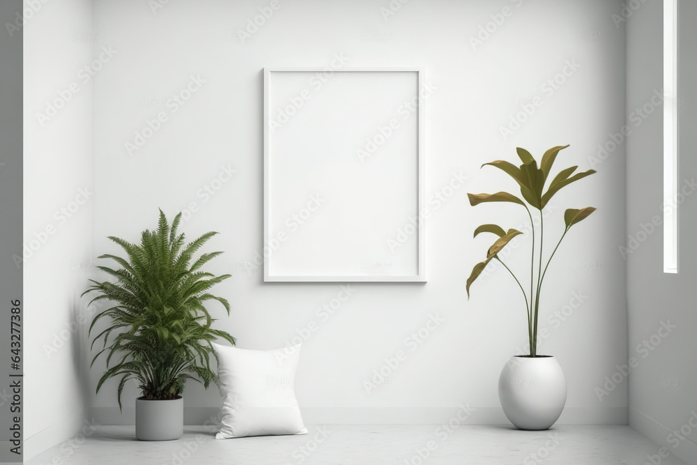 mockup frame on a white wall in a simple setting. Generative AI mockup frame on a white wall in a simple setting. Generative AI