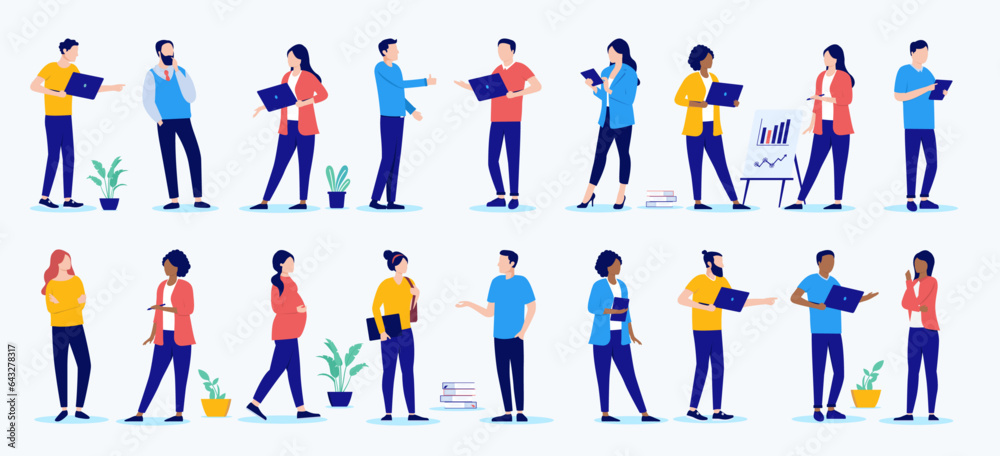 Group of office businesspeople collection - Set of diverse vector people standing in various poses using computers and doing work related tasks. Flat design illustration with white background 