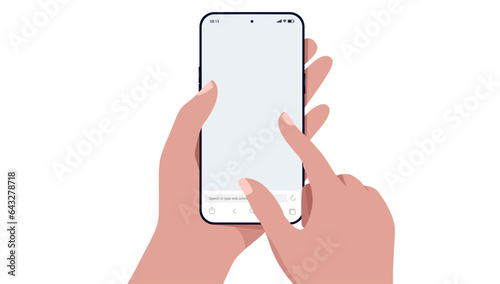 Mockup of hand holding mobile phone and touching screen with finger. Vector template in flat design with white background