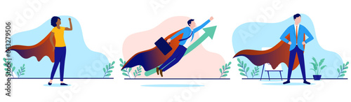 Business superhero vector collection - Set of illustrations with diverse people, businesswoman and businessman with cape showing strength and determination. Flat design with white background
